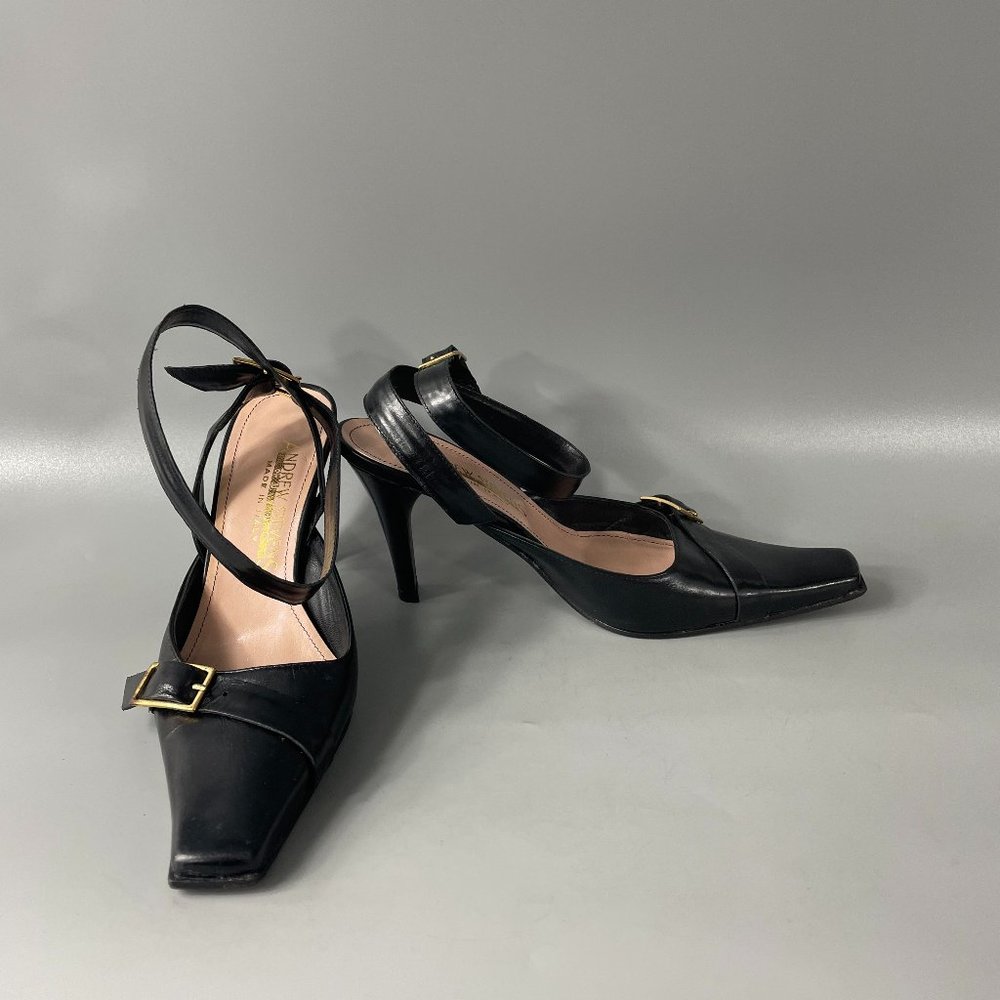 Andrew Stevens Made in Italy Black Leather Ankle Straps Pumps, 36